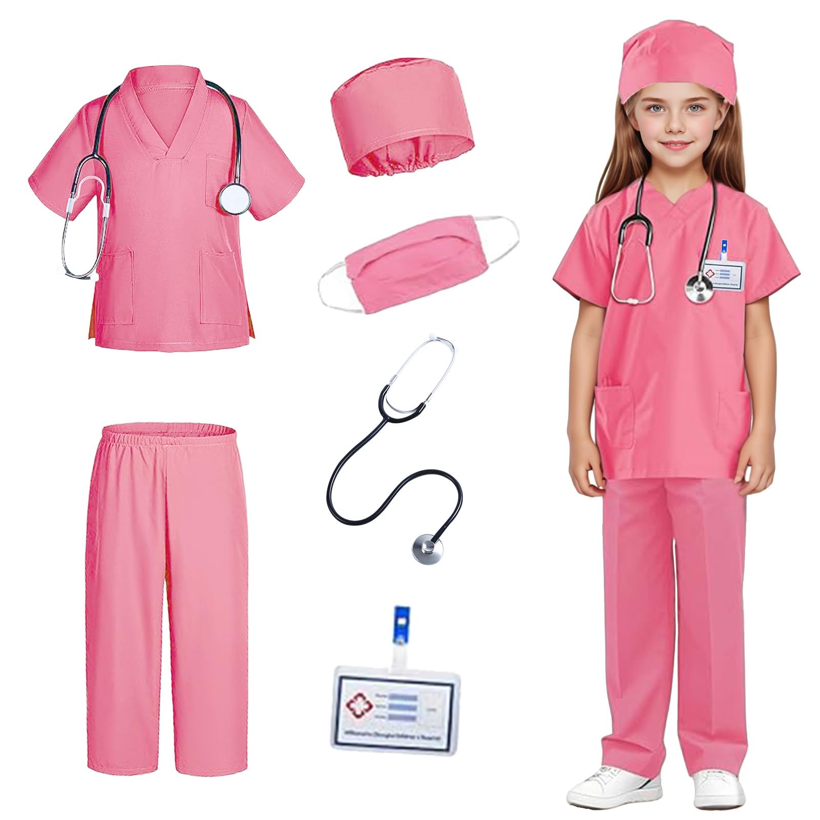 ASFWAGQ Doctor Costume for Kids Nurse Peels with Accessories Halloween Cosplay Dress-up Doctor Play Set for Boys and Girls (Pink, L)