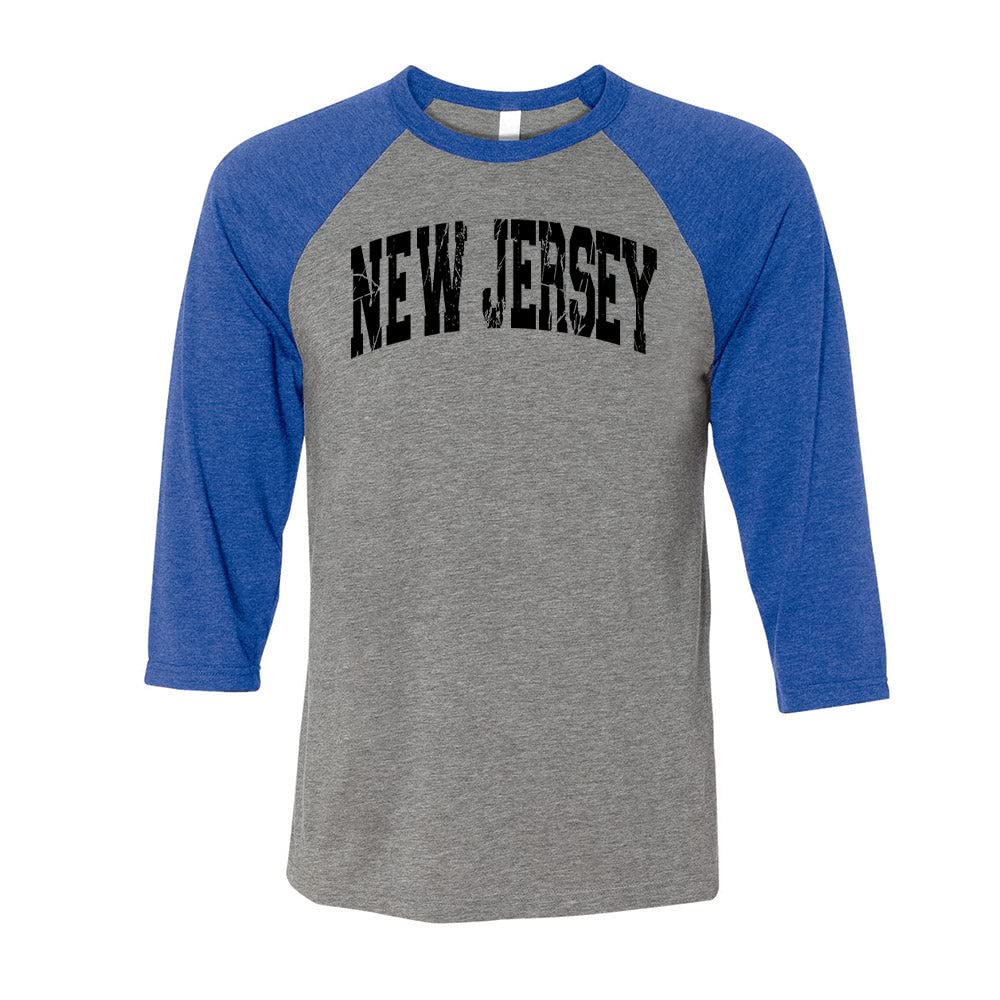 Distressed New Jersey Collegiate Three-Quarter Raglan Sleeve Baseball Shirt Unisex X-Large Grey/Royal