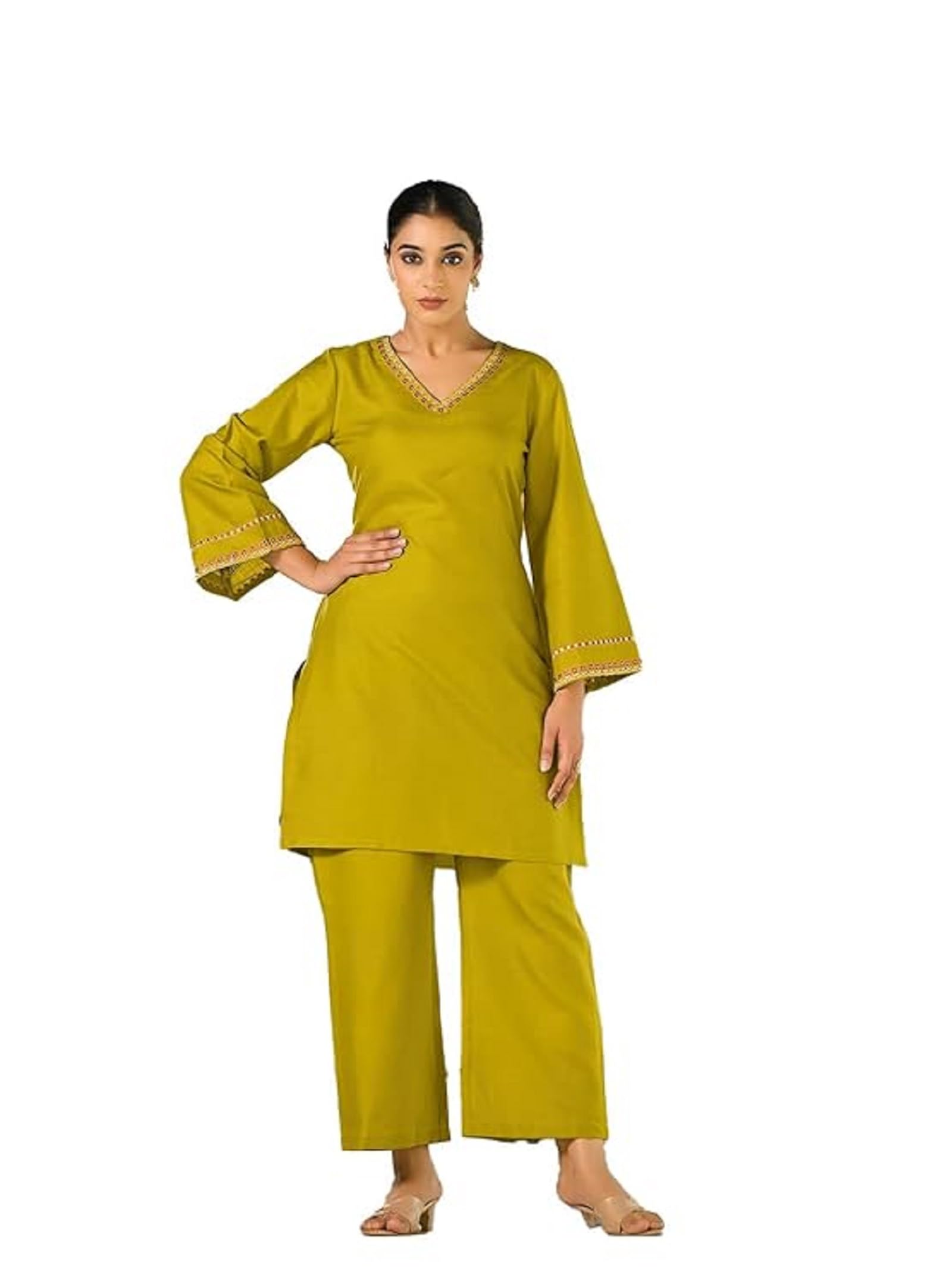 Varanga Women Green Embroidered V-Neck With Flared Sleeves Co-Ord Set  Stylish & Comfortable Ethnic Wear