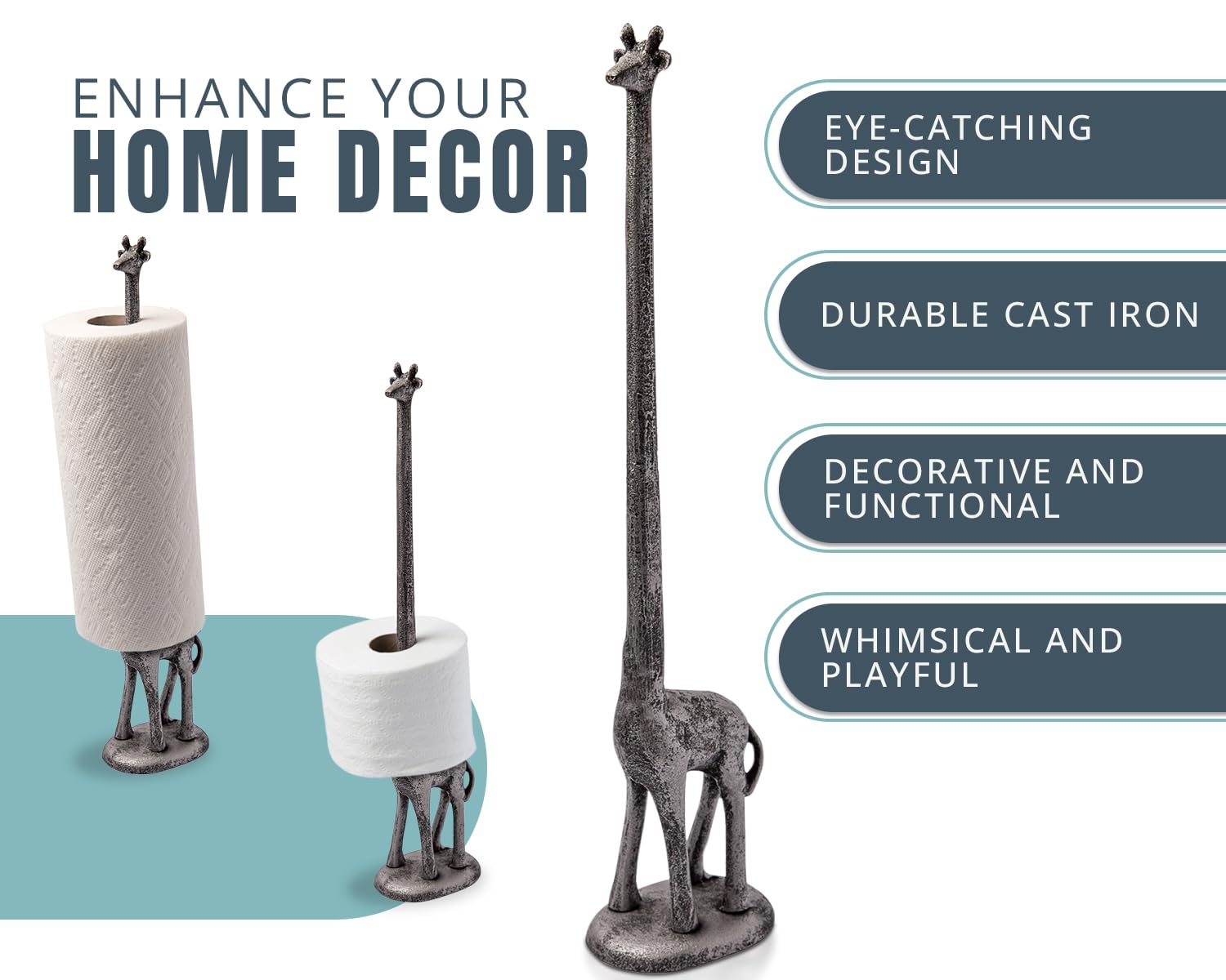 Comfify Silver with Black Giraffe Paper Towel & Toilet Paper Stand – 18.9" — Amazon image 2