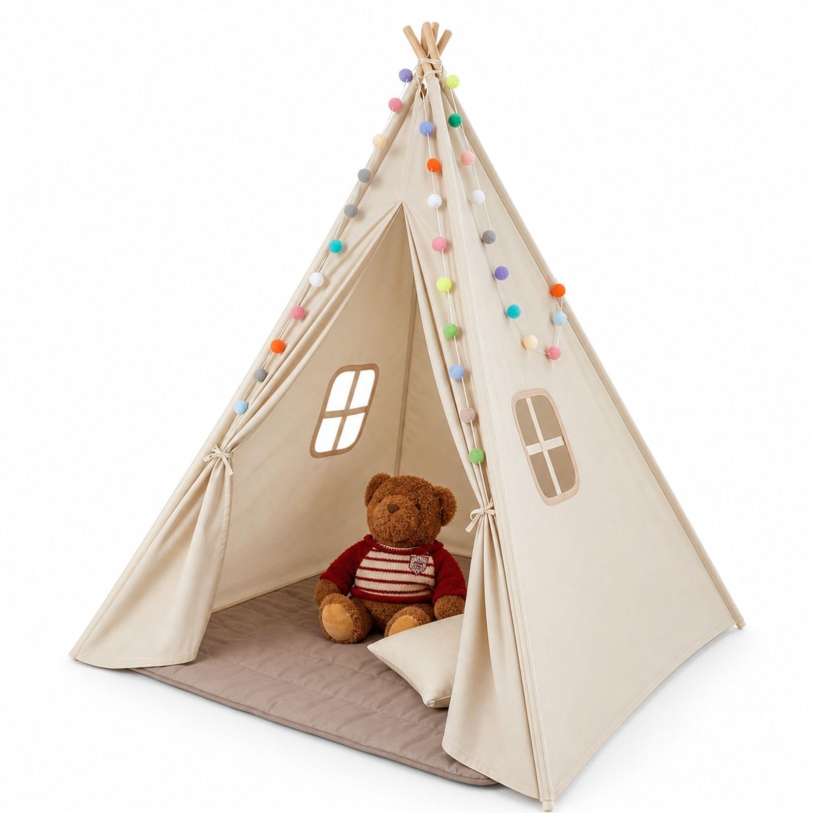 Beżowy namiot tipi do zabawy z matą, pluszowymi piłkami, tkaniną brzoskwiniową, drewnianymi drążkami, stożkowy kształt, 1 drzwi, 2 okna, do wnętrz i na zewnątrz