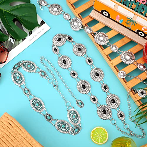 Junkin 3 Pcs Women Concho Western Chain Belts Turquoise Chain Belts Antique Western Waist Belts Country Metal Belt Link Belt3