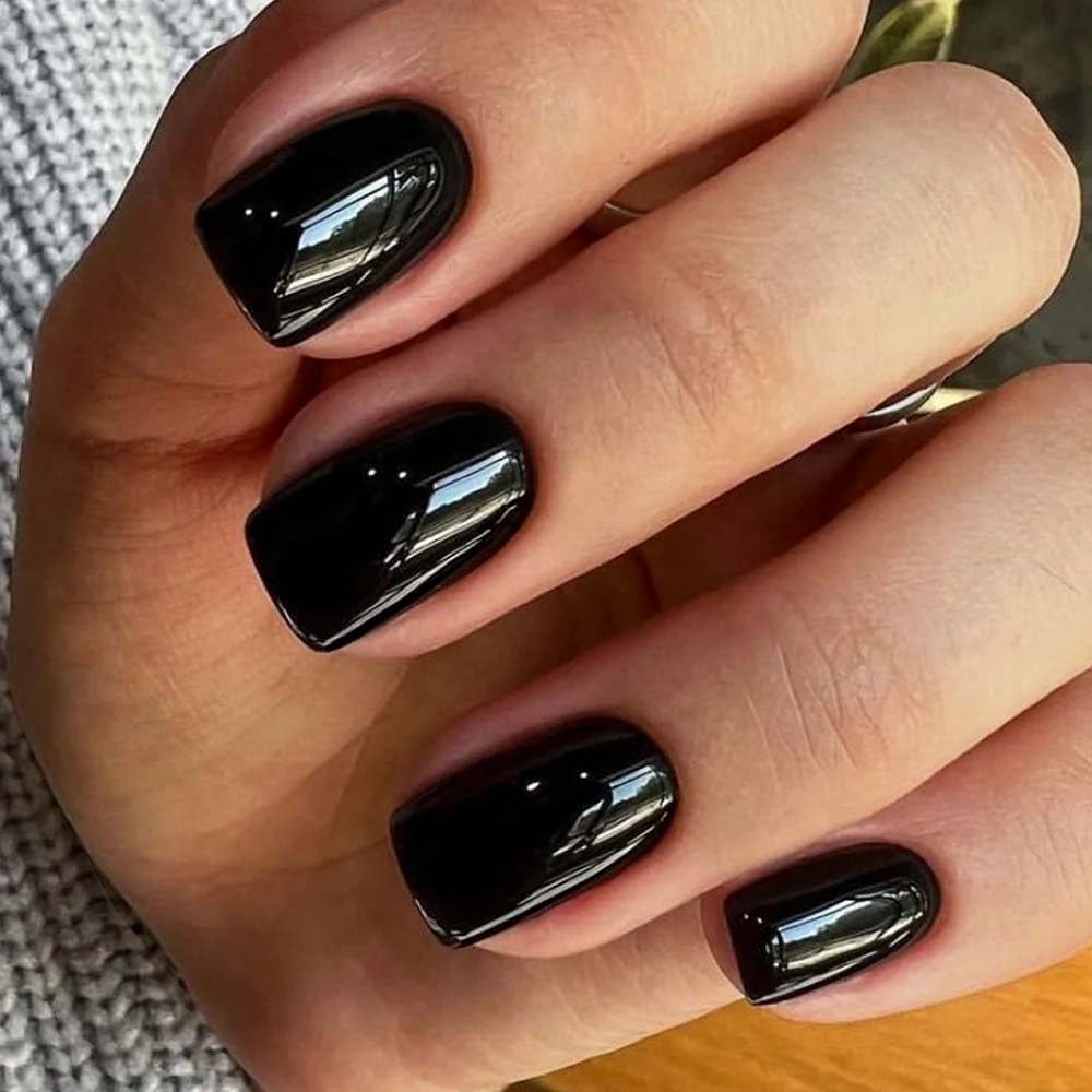ANDGING Black Press on Nails Square Solid Color Short Fake Nails with Glossy Design Glue on Nails for Women Acrylic False Nails Artificial Coffin Stick on Nails Manicure Press on Nail for Wedding B7