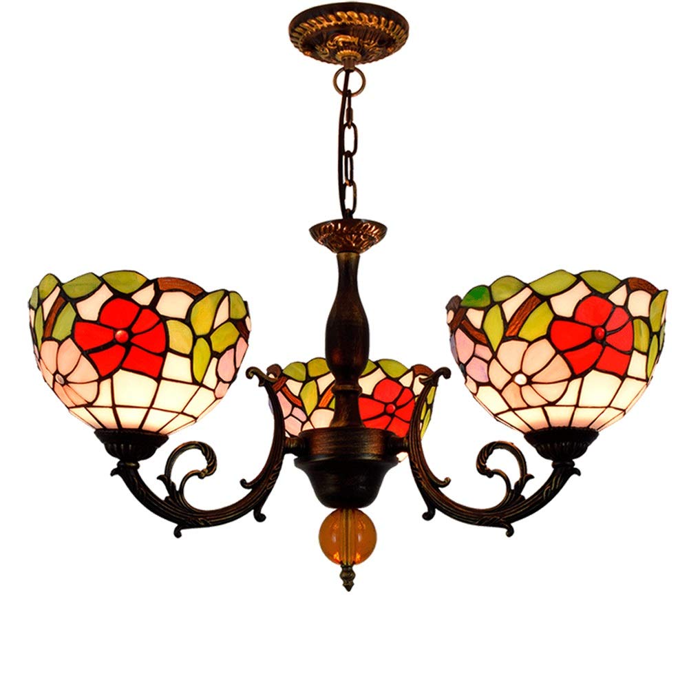 KXEcoLife Ceiling Pendant Light Fixture Tiffany Style Chandelier Stained Glass Morning Glory Lamp Shades 3 Arms with Inverted