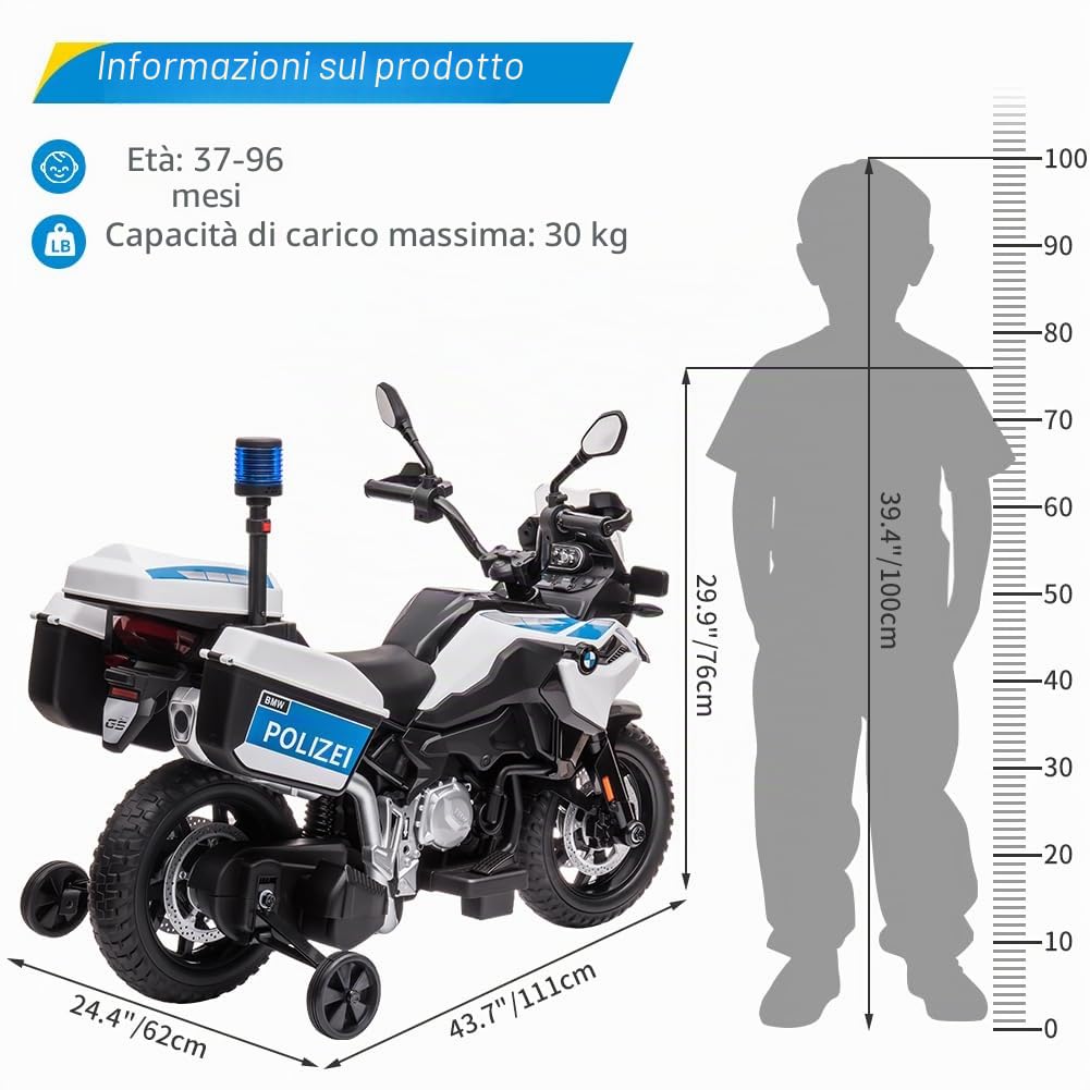 Ride On - Motocicletta della polizia, 12 V 7 Ah con licenza BMW per bambini a 2 velocità, fari LED, sospensioni, MP3, musica e ruote di supporto