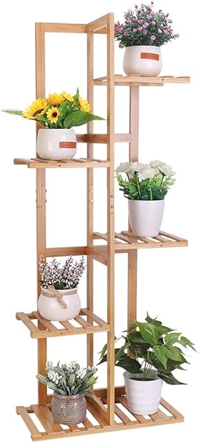 Medla Bamboo Ladder Plant Stand Shelf, Indoor Outdoor Flower Display Stand 6 Plant Pot Stand Storage Rack Shelving Unit for Plants Patio Garden Corner Balcony Living Room