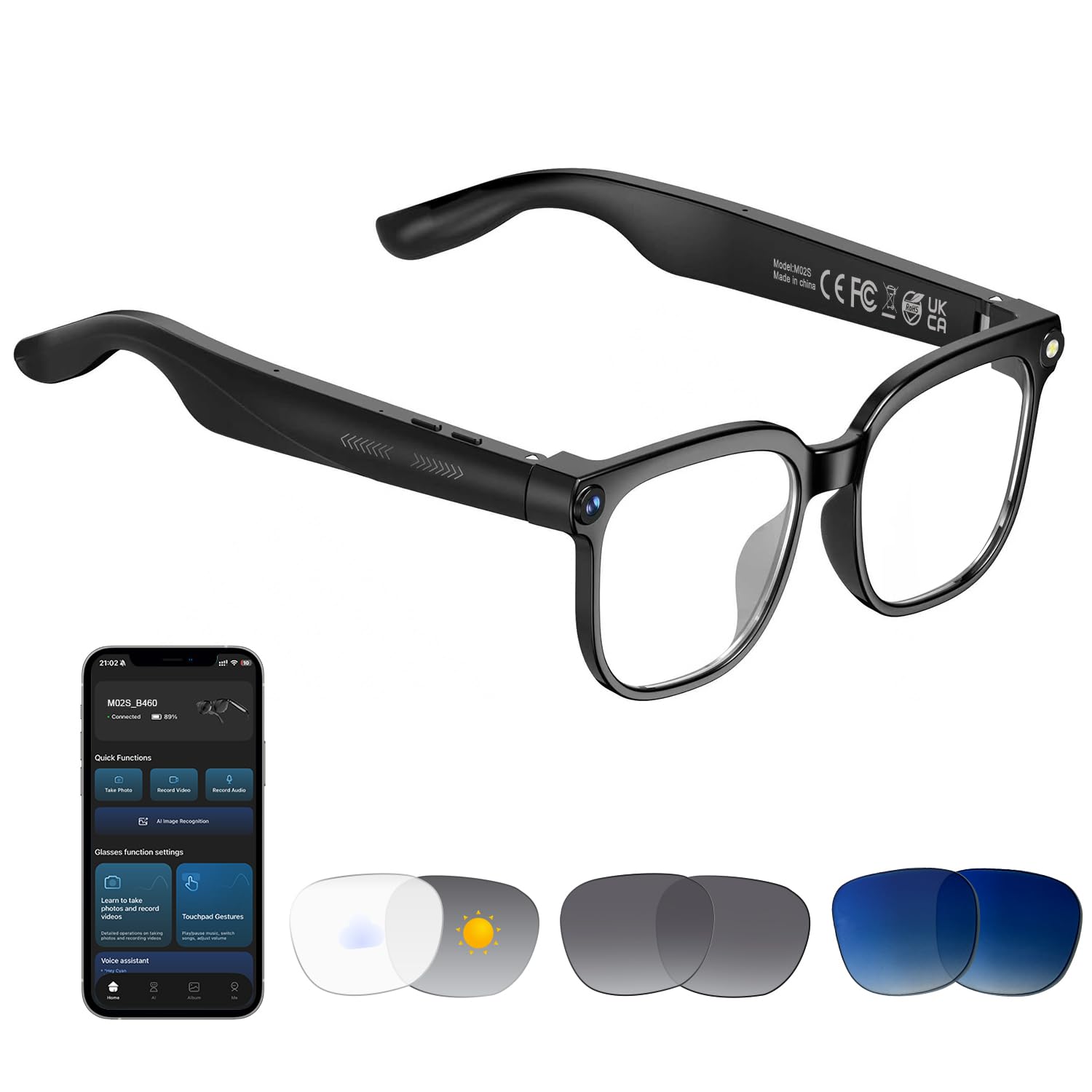 Lunettes AI Smart Camera - Vidéo HD 1080p, Photo, Traduction vocale : avec Verres de Protection Solaire/lumière Bleue interchangeables, Utilisation en extérieur, randonnées à vélo, randonnée