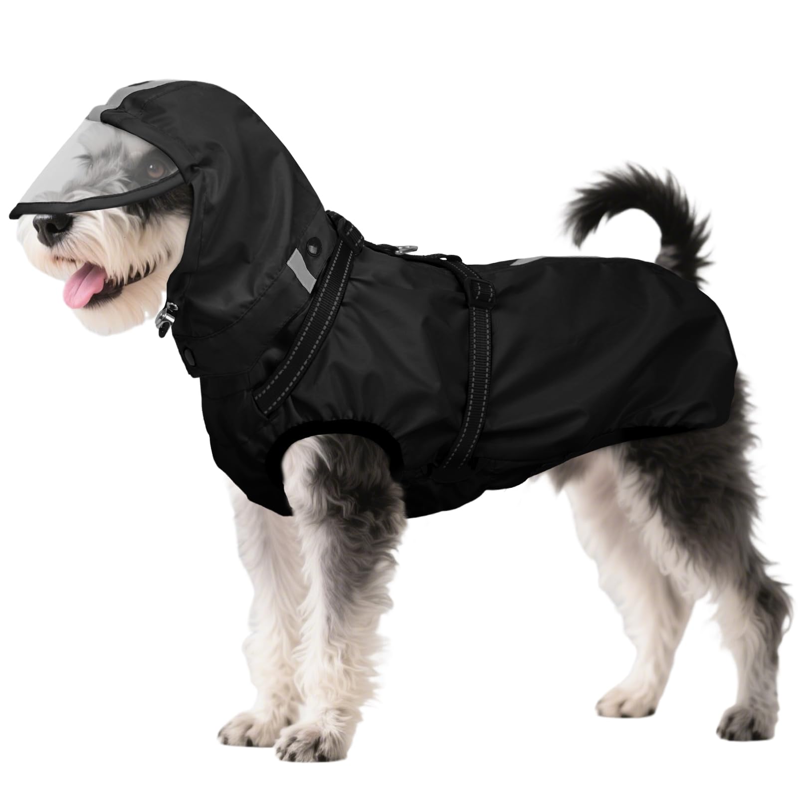 OUOBOB Dog Raincoat Waterproof, Rain Jacket with Reflective Strips, H-Harness (D-Ring) & Detachable Hood with Visor, Ideal for Medium/Large Dogs [Black, Size M]