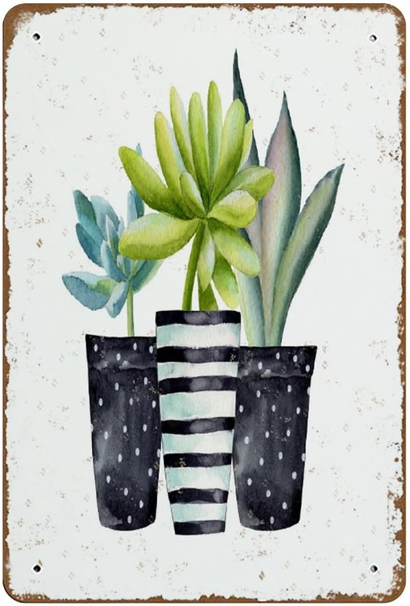 peiyeety Potted Succulents Wall Art Potted Plants Southwestern Decor Black White Pots Watercolor Decor Novelty Retro Metal Tin Sign Plaque Pub Club Cafe Home Decor Plate Wall Art Sign 8"x12"