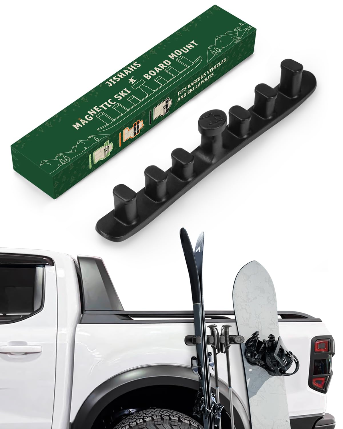 JISHAHS Magnetic Snowboard Rack for Car – Holder to Prevent Ski and Snowboard from Tipping Over – Protects Vehicle from Scratches – Easy Install Magnetic Ski Holder (Integrated Adjustable Rack)