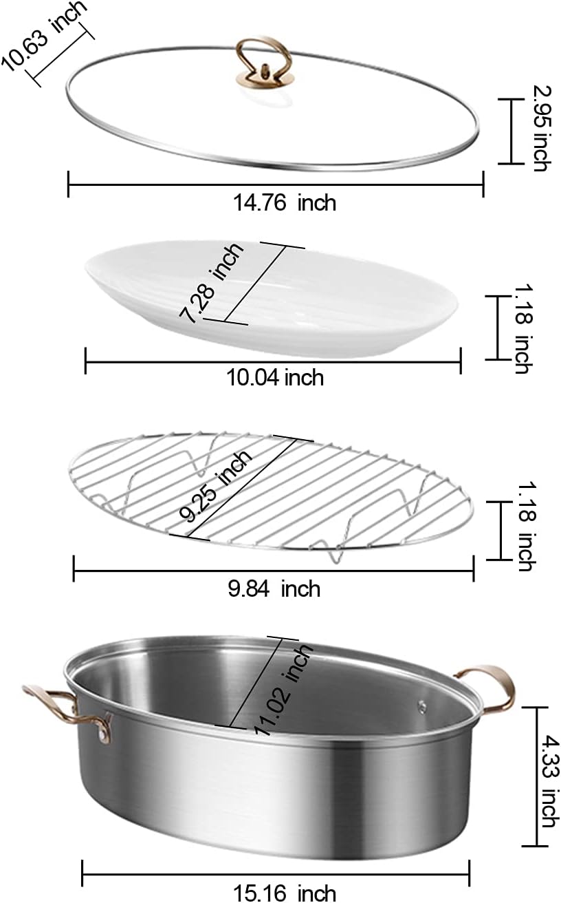 Stainless Steel Fish Steamer Elliptical Steamed Fish Pot Multi-Use Oval Roasting Cookware & Hotpot with Rack (Gold)