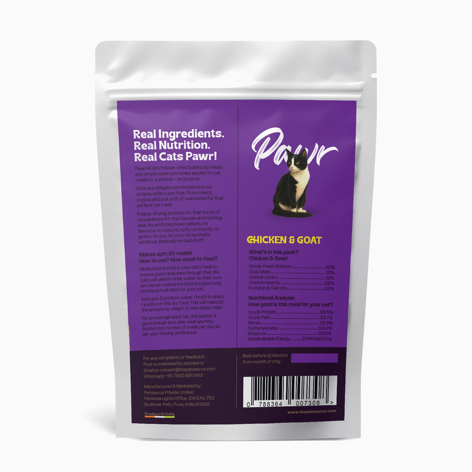 Pawr4Cats | Freeze-Dried Balanced Meals | Chicken & Goat | Bio-Appropriate and Raw Nutrition | High Protein - Low Carb Recipe | Makes 2X Meals by Adding Water | 30gms X 12 Packs 1