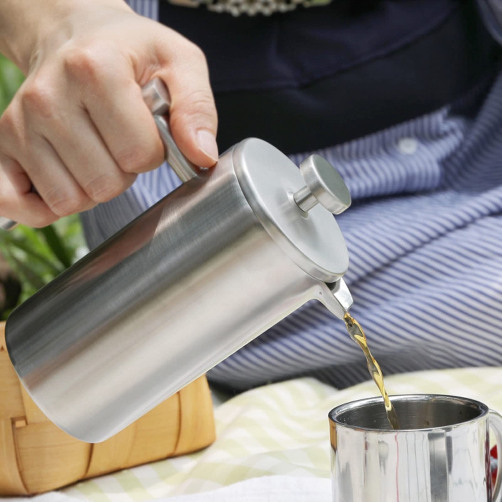Cafetera Émbolo,Cafetera Francesa De Acero Inoxidable De Grado 304,Aislamiento De Doble Pared Y Pantalla De 3 Filtros,Cafetera De Piston Una Fácil Limpieza,Adecuada Para Camping,Prensa De Café Y Té