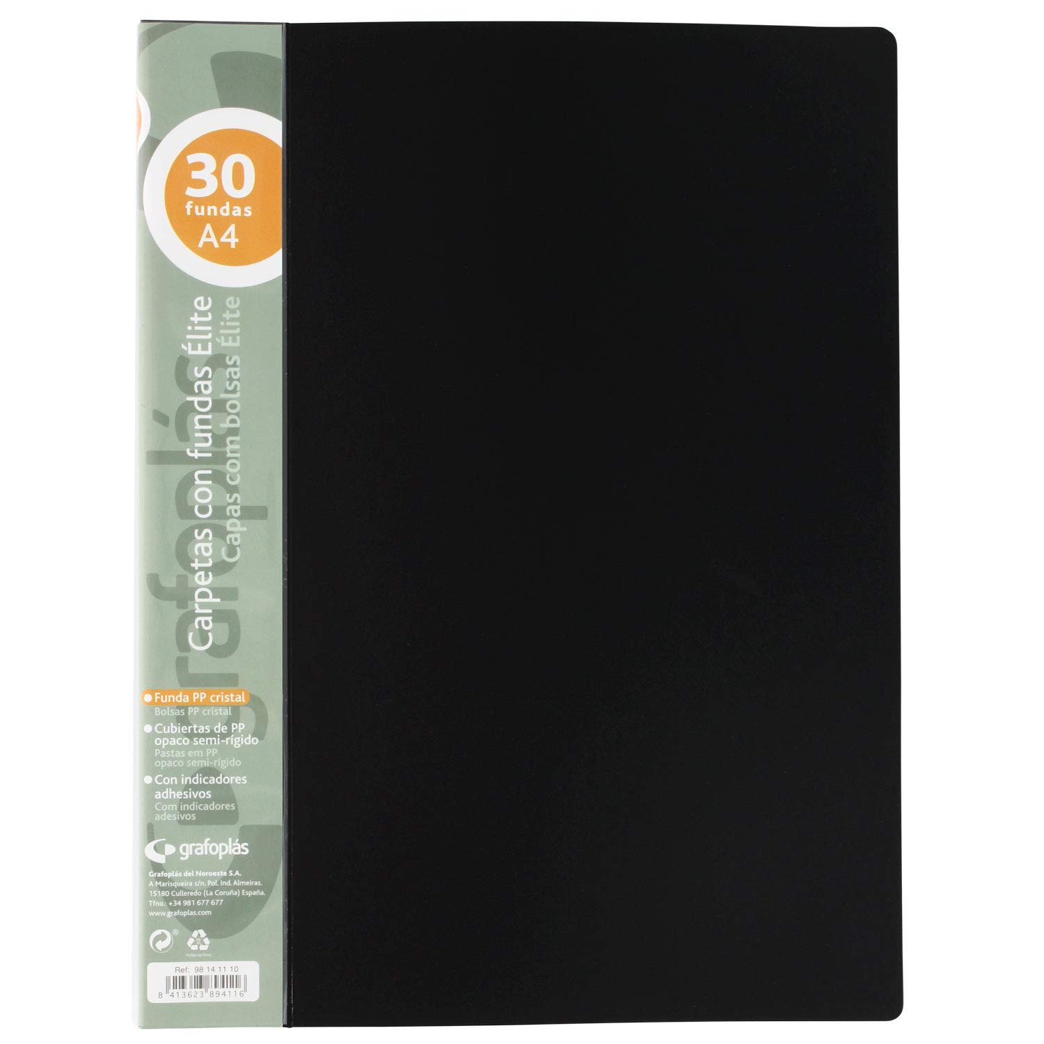 Grafoplás 98141110 Elite Folders with Sleeves, 30 Transparent Sleeves, Semi-Rigid Covers, Black, A4