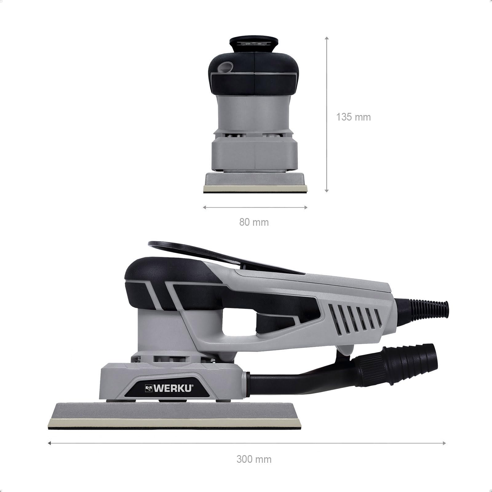 Werku WK401770, Lijadora Rectangular Rotorbital, Calidad Profesional, Motor Brushless, Potencia 350 W, Plato Base 70 x 195 mm, Órbita 2.5 mm, Incluye Hoja Lijado y Manguera Aspiración
