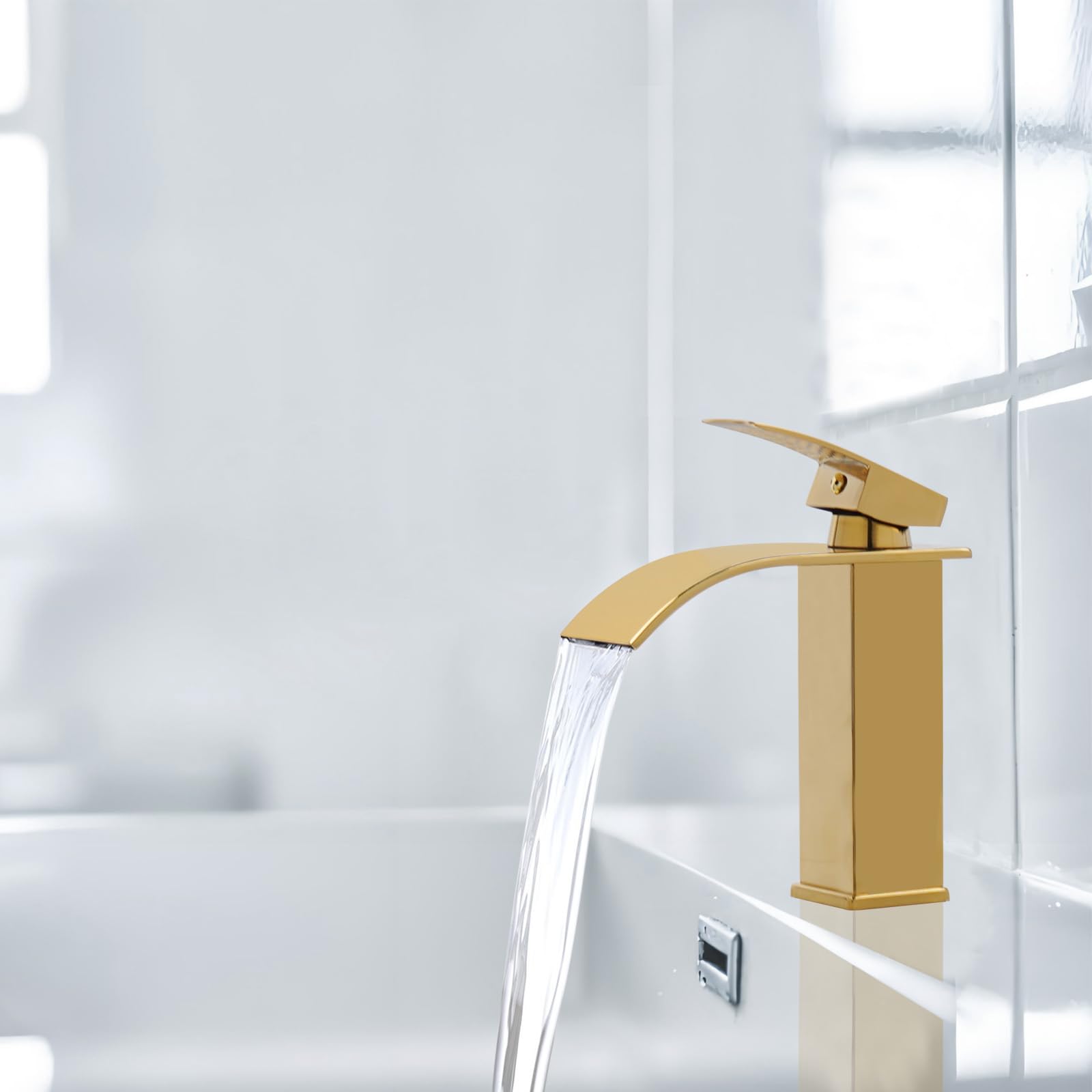 Robinet Salle Bain Robinet Cascade Lavabo en Acier Inoxydable Or | avec Corps en Céramique Pas de Bruit Mitigeur Lavabo Monocommande Chaud et Froid à Double Commande Economies D'eau Chromé Or