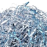 PAPER FAIR 1LB Metallic Blue Sliver Duo Color Crinkle Cut Paper, Shredded Filler, Easter Grass Raffia Tissue, Shred Paper Strands, Craft Bedding Gift Box Basket Gift Packaging Cushion, for Christmas Wedding, Brithday, Shower Decoration