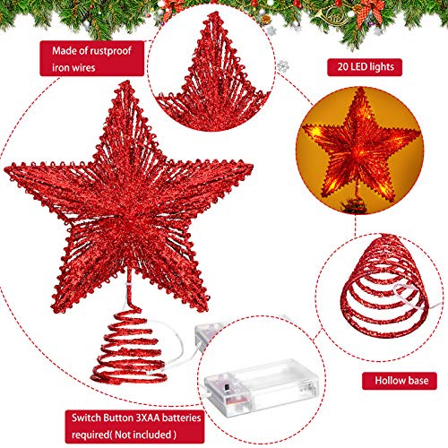Aoriher 20 Light 10 Inches Christmas Star Tree Toppers Battery Operated Tree Topper With 20 Mini Led Lights For Christmas Holiday Seasonal Decoration (Red) #TOP2