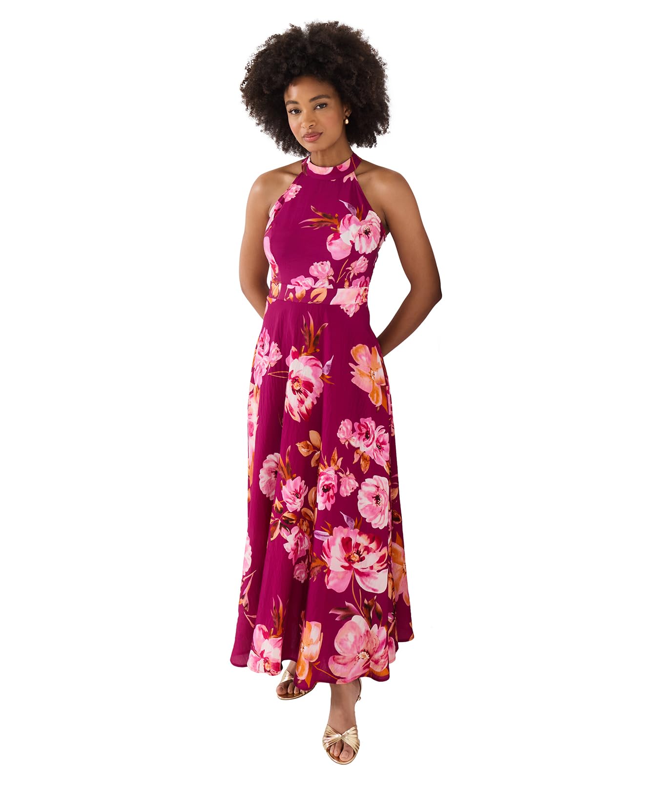 Joe Browns Women's Petite Floral Halter Neck Maxi Dress with Keyhole Back Detail in Pink | Size: 14