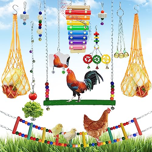 Image of 12 Pack Chicken Toys for Hens,Net Mirror Bell Xylophone String Vegetable Fruits Skewer Hanging Ladder Swings Coop Accessories for Hens Bird Parrot