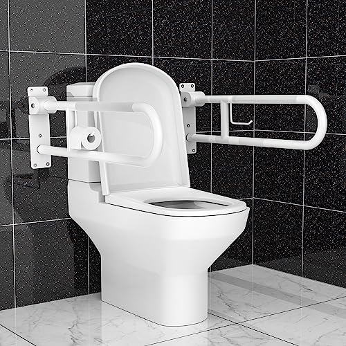 Image of U Shaped Toilet Grab Bar 32 Inch, Munzong White Anti-Slip Support Rail, Flip-Up Bathroom Grab Bar with Paper Holder, Stainless Steel Knurled Handicap Safety handrails for Elderly Disabled Pregnant