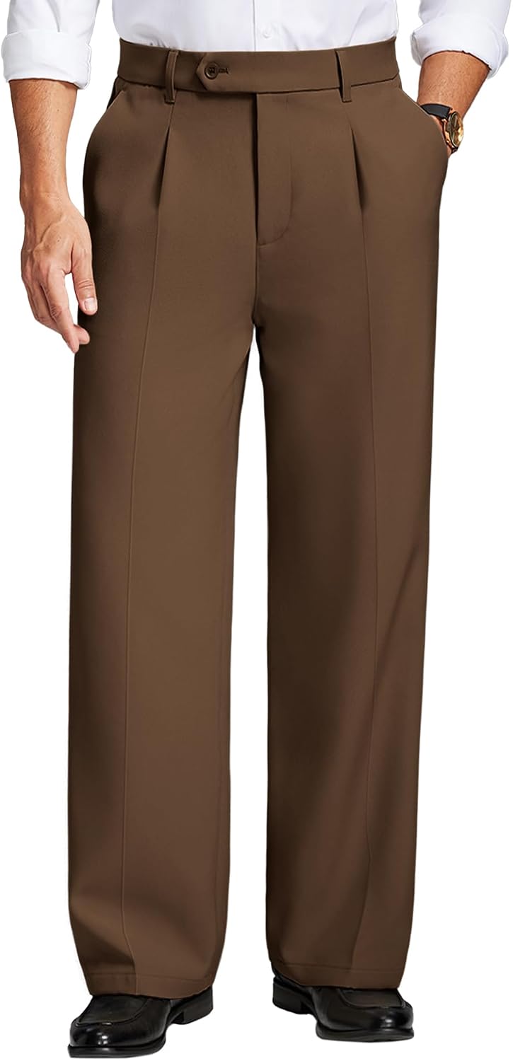 Susclude Mens Fleece Lined Dress Pants Old Money Baggy Wide Leg Trousers