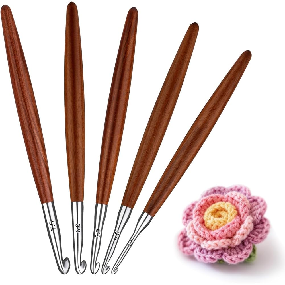 Hndhbfgrt Aluminum Crochet Hooks with Wood Handle, 5Pack Set for Arthritic Hand DIY Craft Knitting- Sizes 3mm to 7mm