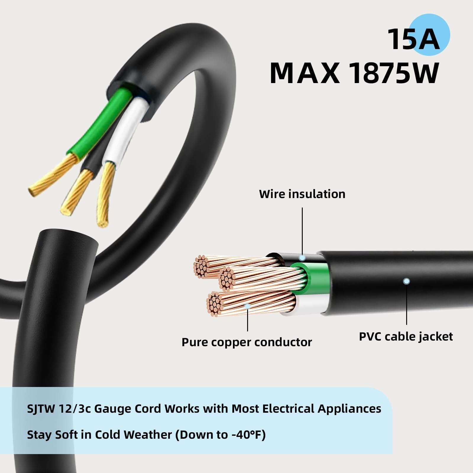 EP 3 Ft Outdoor Extension Cord - 12/3 SJTW Heavy Duty Black Extension Cable with 3 Prong Grounded Plug - Power Cord for Lawn, Garden, Appliances