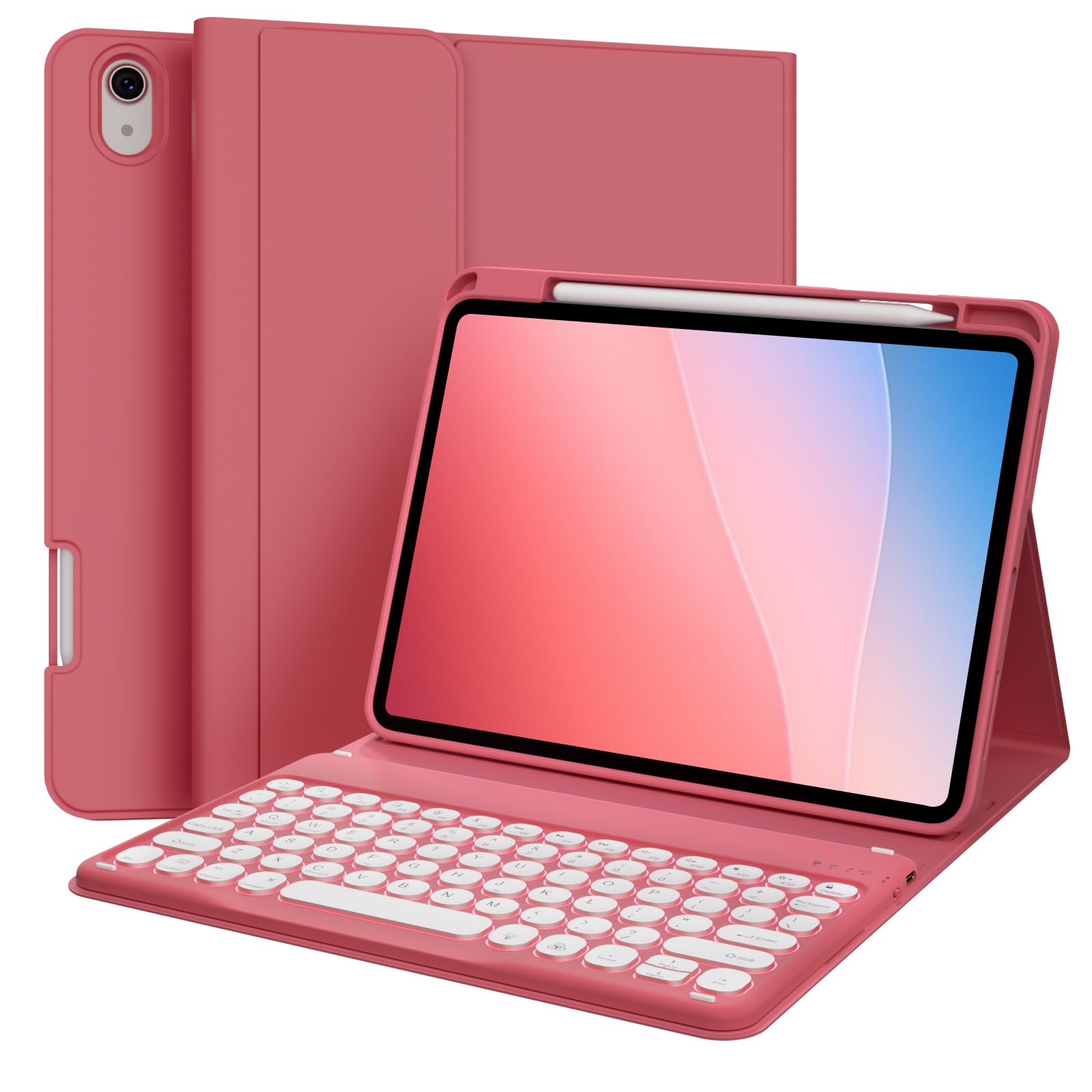 KenKe for ipad (A16) 10th/11th Generation case with Keyboard (10.9/11 inch) 2022/2025, Soft TPU Back with Pencil Holder, 7 Colors Backlit Detachable Folio Keyboard case, Auto Sleep/Wake,Watermelon Red