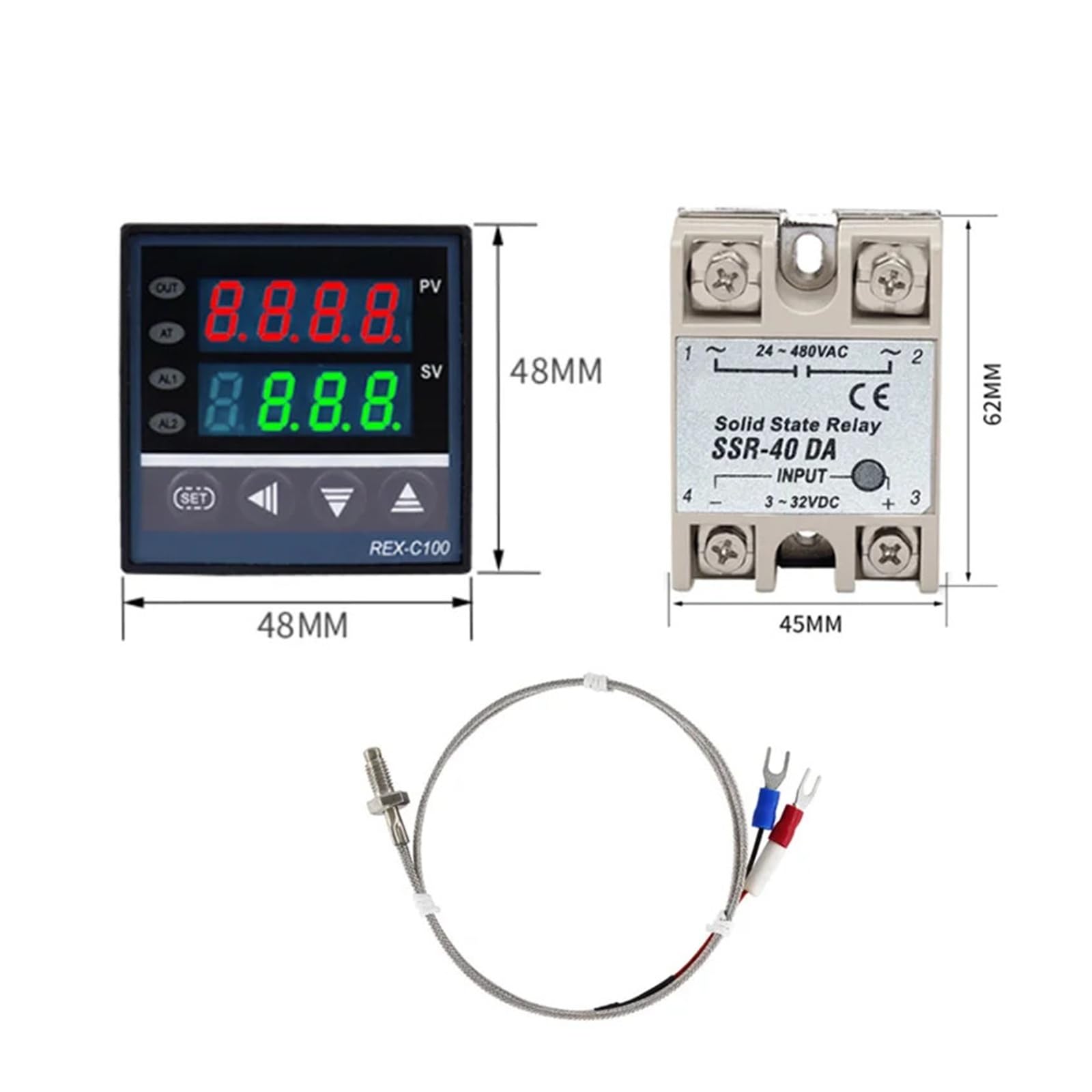 temperaturregler Digitalanzeige Intelligenter Temperaturregler REX-C100 Relais/SSR-Ausgang 48 * 48mm K Typ 40A SSR Thermoelementsonde(K SSR 40DA)