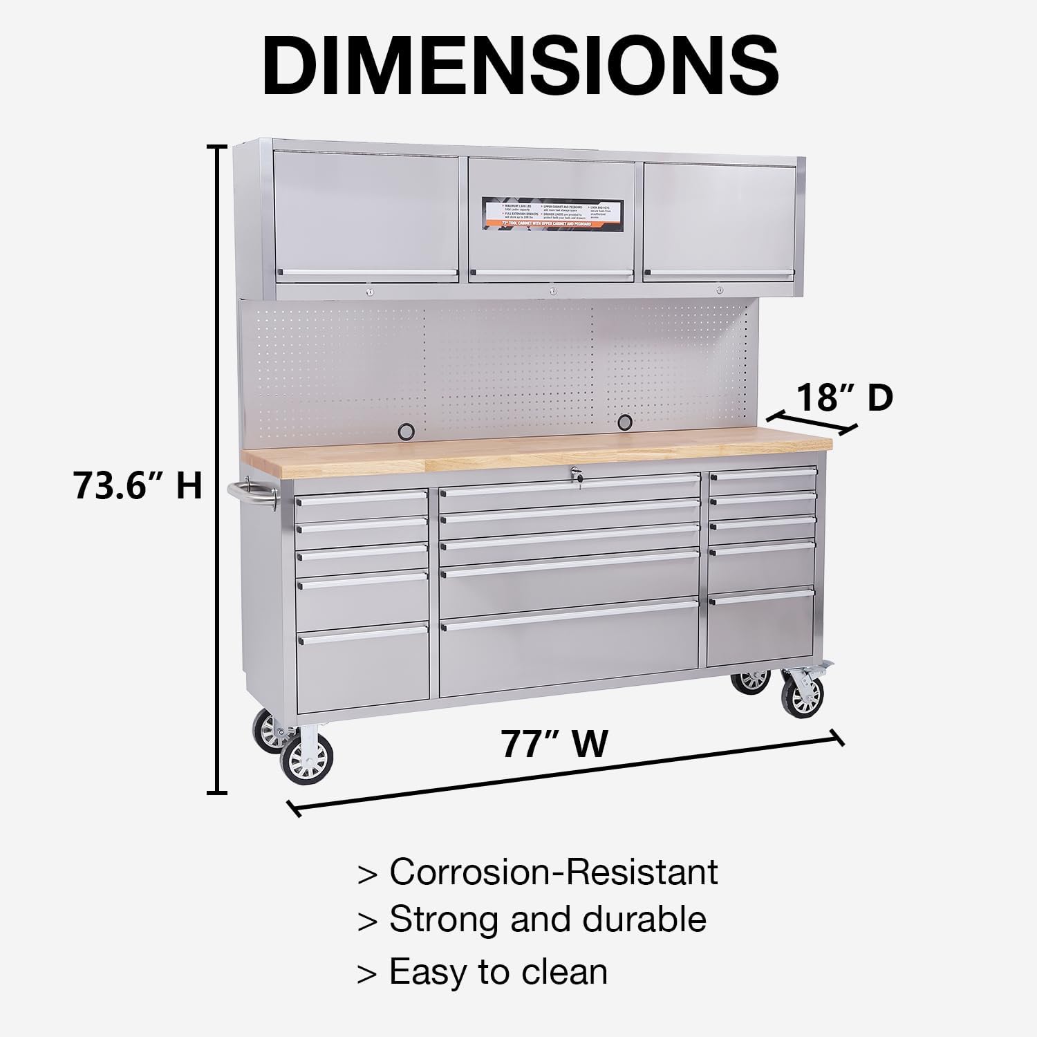 SINDA 72 Inch Rolling Tool Chest Tool Box Mobile Tool Workbench Garage Tool Storage Cabinet Large Rolling Lockable Tool Box with Wood Top, 15 Drawers + 3 Upper Cabinets