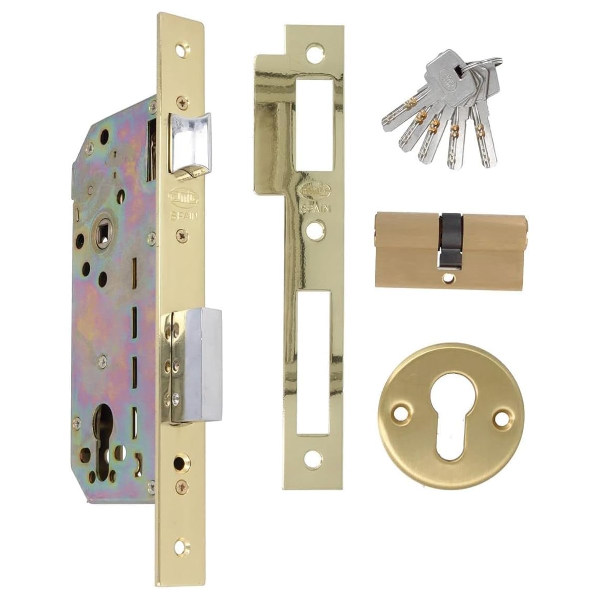 Amig - Cerradura de Embutir con Cilindro de Seguridad y Bocallave + 5 Llaves - Para Puertas de Madera de Entrada - De Acero Latonado - Picaporte Reversible - Para Manillas de 8 mm