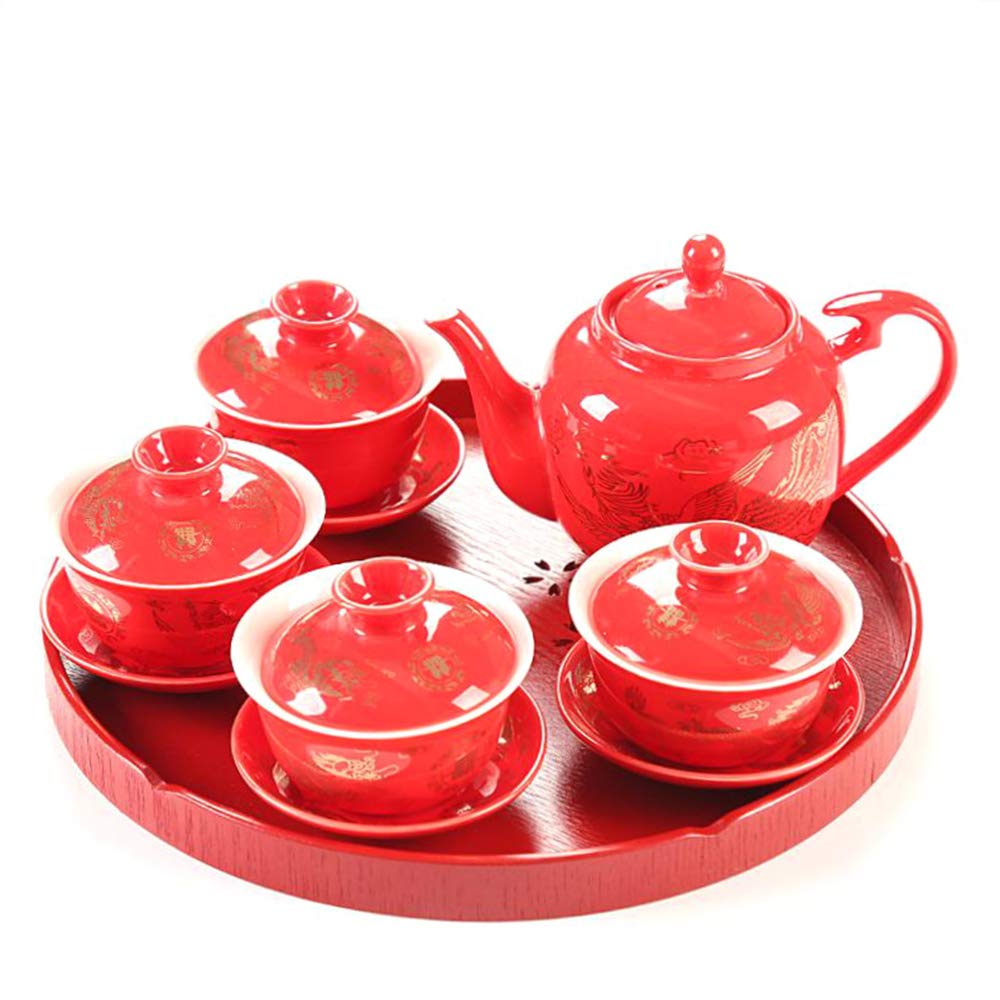 Scumlovy Traditional Chinese Wedding Tea Set Elegant Porcelain Teapot and Four Gaiwan Perfect for Ceremony