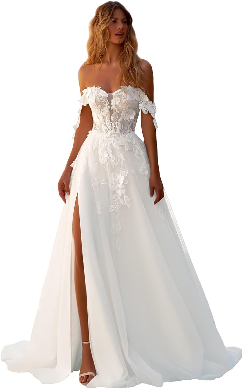 Off Shoulder Wedding Dress for Bride Sweeheart Floral Tulle Bridal Gown with Slit