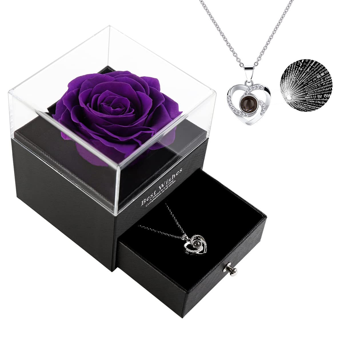 Valentines Day Gifts, Preserved Real Rose - Eternal Handmade Rose with Love You Necklace Rose Gift Box, for Mom on Birthday, Anniversary, Mother's Day, Flowers for Delivery