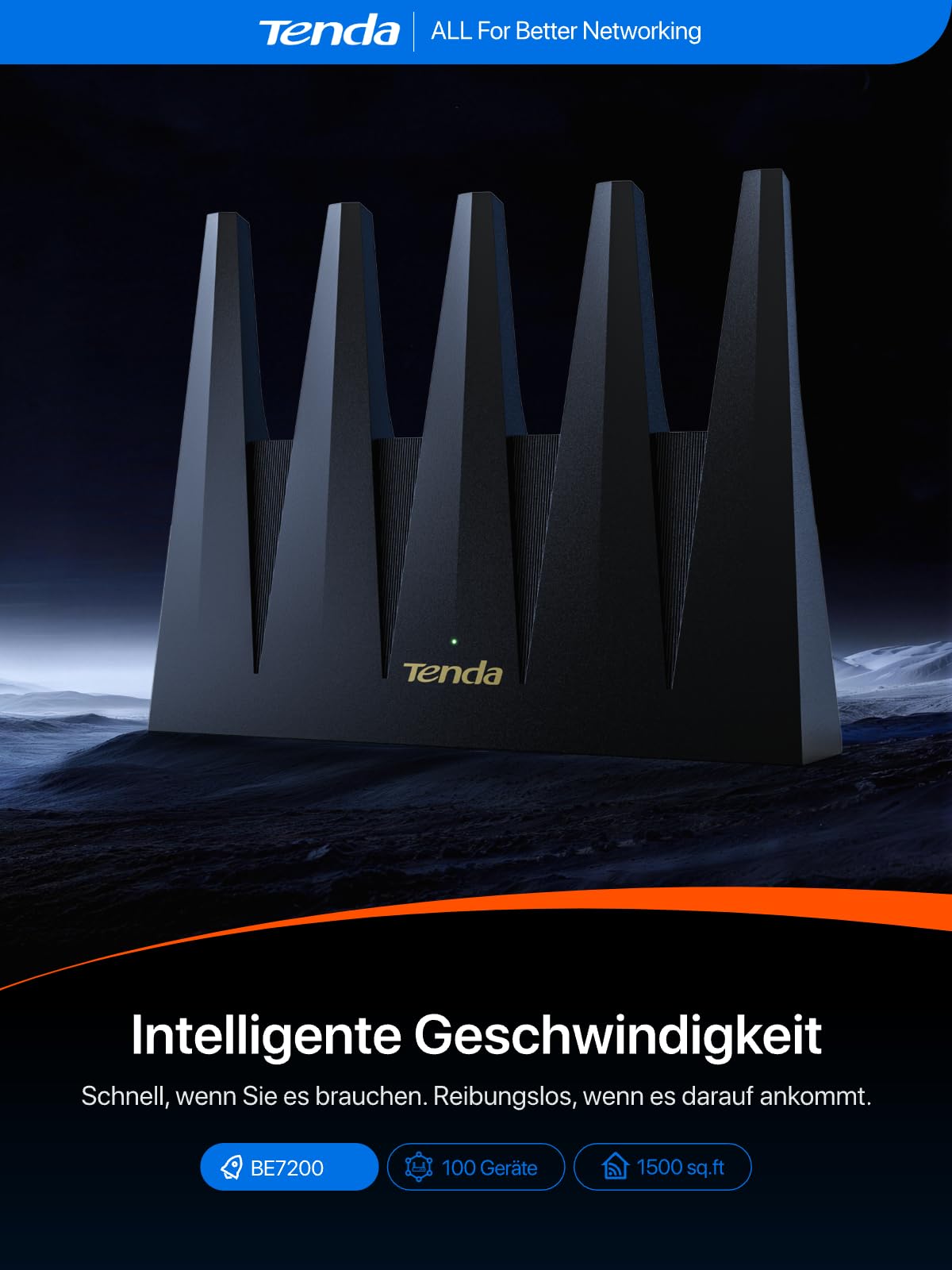 Tenda Wi-Fi 7 Router BE12 Pro – Dualband BE7200(5GHz: 5765Mbit/s, 2,4GHz: 1376Mbit/s) 2x2,5G Ports, 3xGigabit Ports, Quad-Core CPU, 4K QAM, MLO, VPN, unterstützt OpenWRT, Highspeed-WLAN für Zuhause