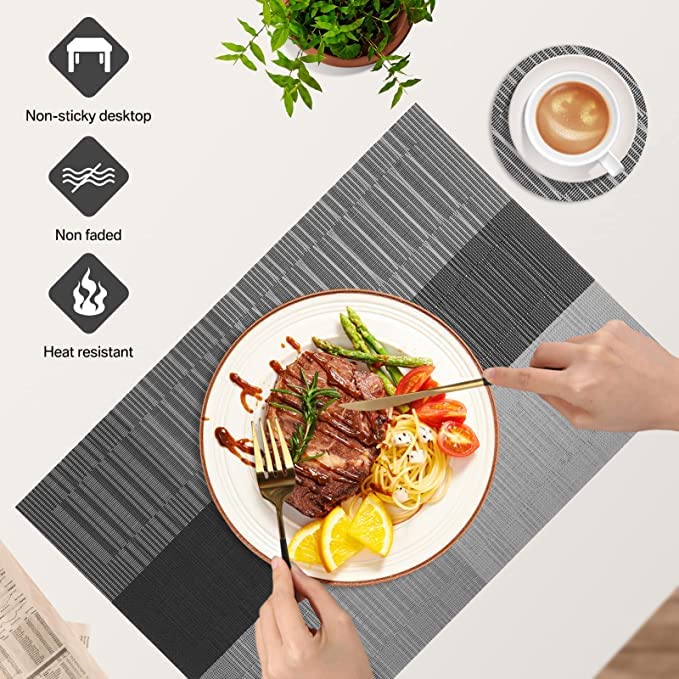 Image of YELONA Placemats for Dining Table - Heat Resistant & Washable PVC Vinyl Table Mats, Non-Slip, Stain Resistant Woven Kitchen Mats, Set of 8, 45cm x 30cm (Black & Light Grey)