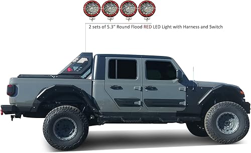 Miniatura 2 de Black Horse Vigor Roll Bar Incl. Set of 5.3" Dia.Led Lights w/Red Trim Rings Modular Black Compatible with 2020-2024 Jeep Gladiator-VIRB09B-PLFR