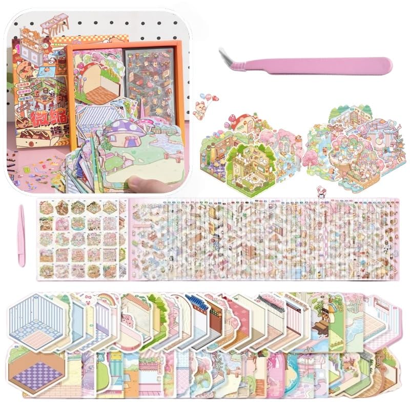 50 Sets Sticker Scene with Box-Packed with Tweezers,DIY 3D House Stickers Make You Own Mini Room Dessert Shop Ticket Office Amusement Park for Kids Adult Therapy Relief Stress Pass The Time