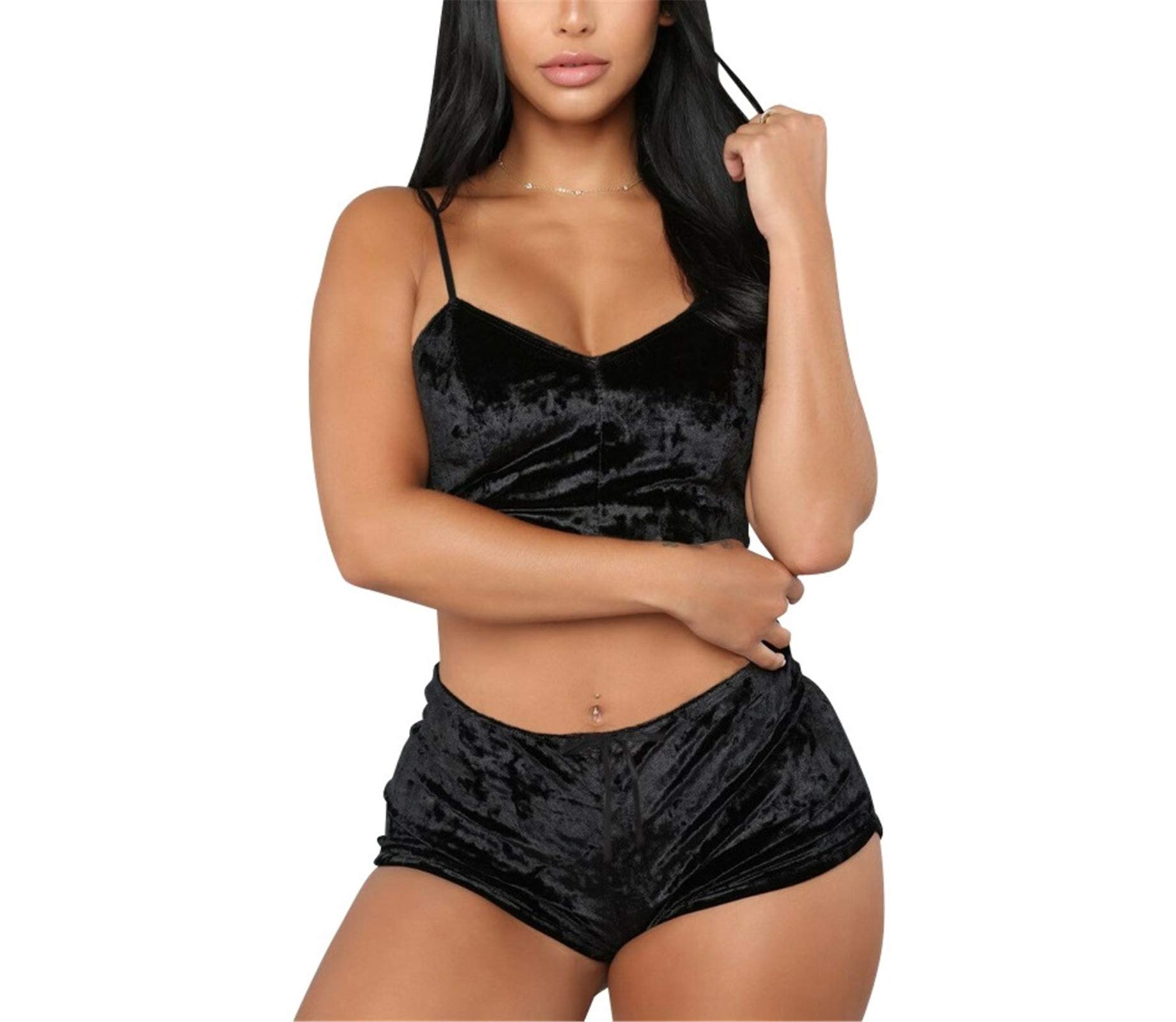 YeeHoo Women's Vintage Velvet 2 Piece Outfit Spaghetti Strap Crop Top and Shorts