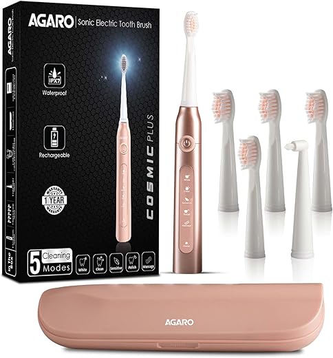 AGARO Cosmic Plus Sonic Electric Tooth Brush for Adults with 5 Modes, 5 Brush Heads, 1 Interdental Head, Carry Case & Rechargeable with 4 Hours…