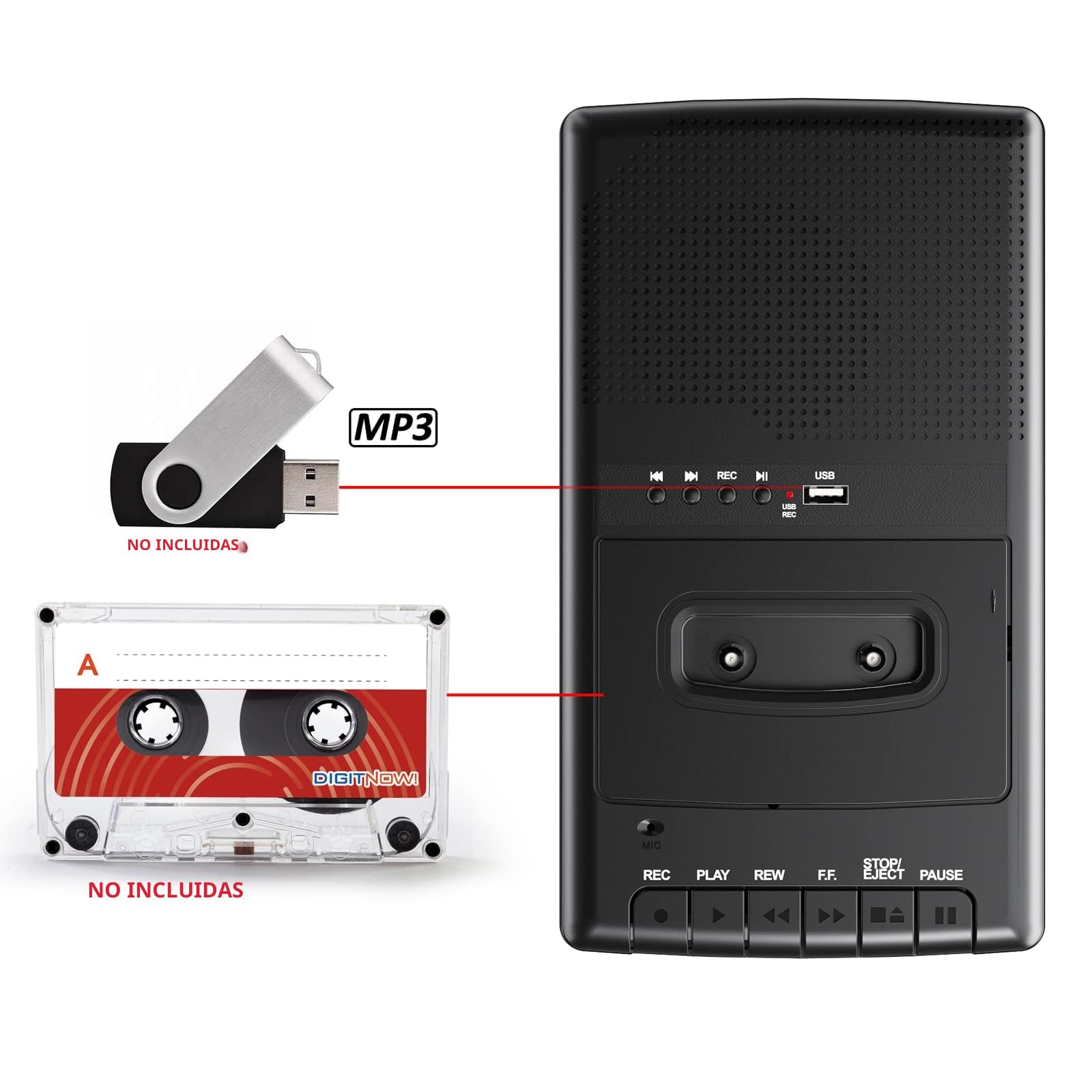 Grabadora de Casete Portátil Reproductor Casete Digitalizado a USB con Asa, Auriculares, Micrófono, Altavoz