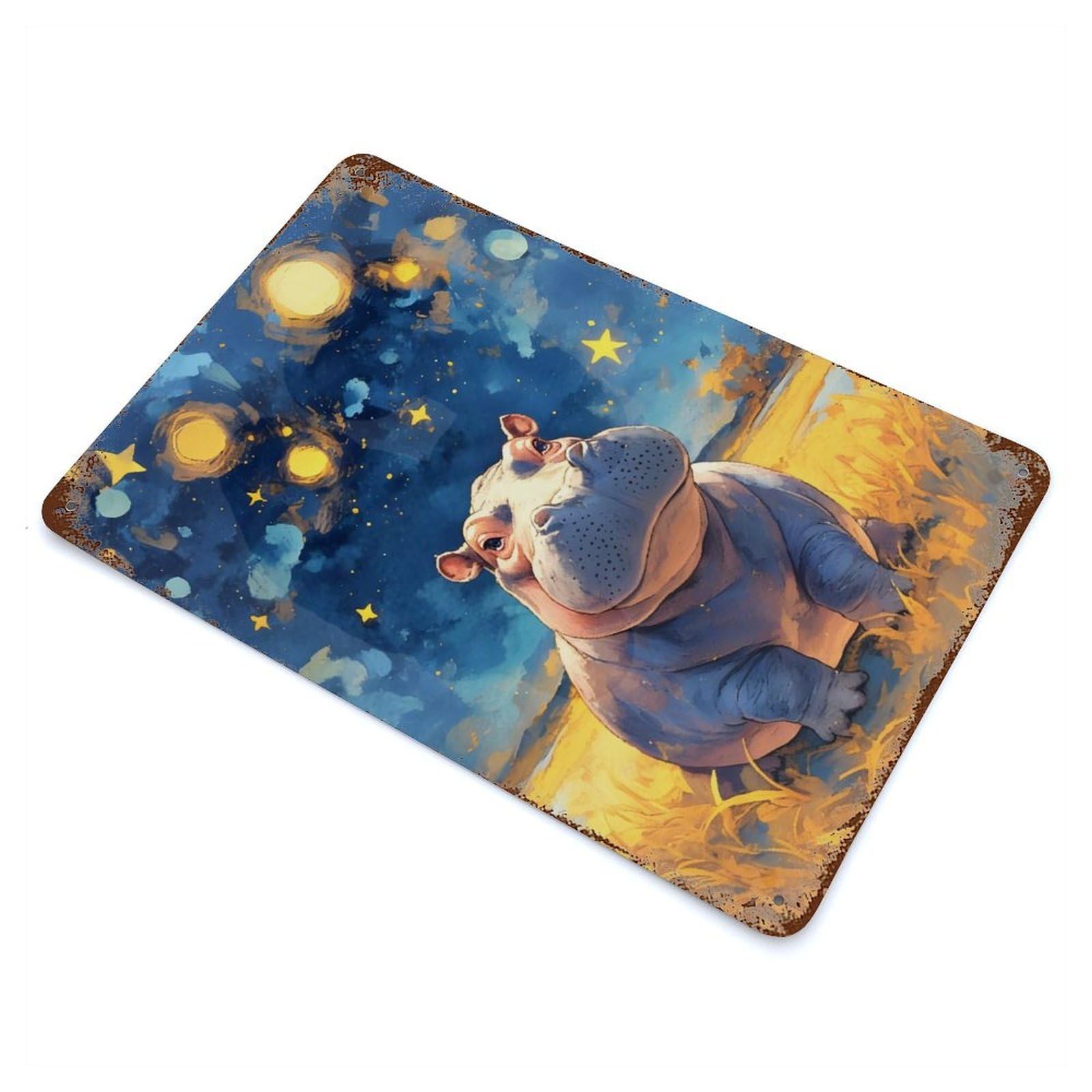 Garage Style Hippo Under Starry Sky Painting Vintage Rust Metal Sign 11.8"x7.9", Retro Wall Decor for Bar And Workshop