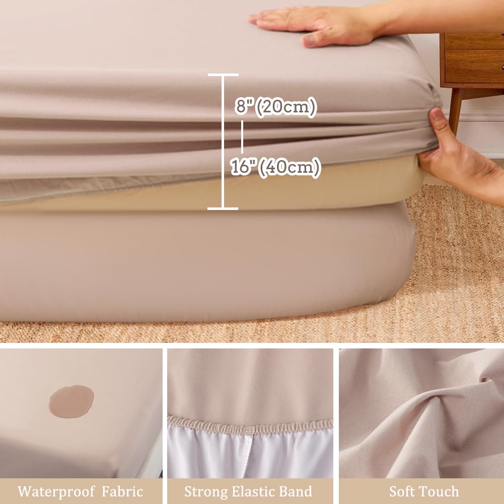DUJUIKE Coprimaterasso Impermeabile, Lenzuolo Con Angoli Impermeabile, Tasca Profonda, Adatto Per Materassi Da 20-40 Cm, Adatto Per Gatti, Cani, Bambini, Ipoallergenico(Cammello,150x200cm)