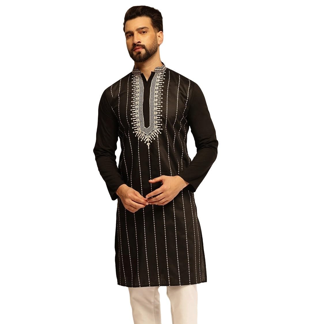 Sojanya (Since 1958 Men's Cotton Silk Black Long Kurta With Elegant Neck Embroidery