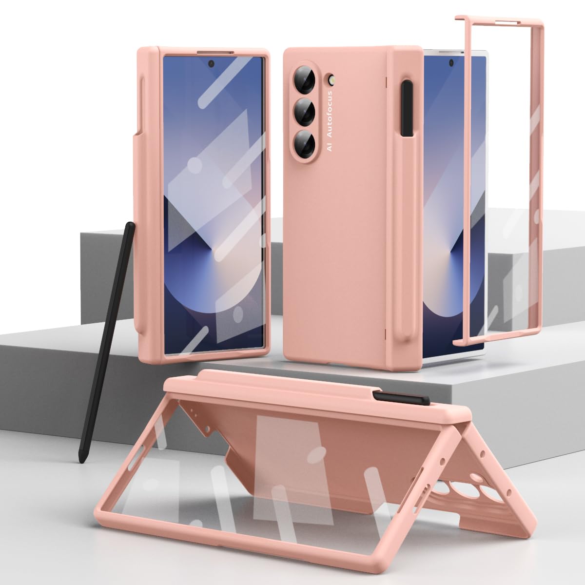 Case for Samsung Galaxy Z Fold 6 Hinge Protection Hard PC Cover with Screen Protector, Pen Holder Pink