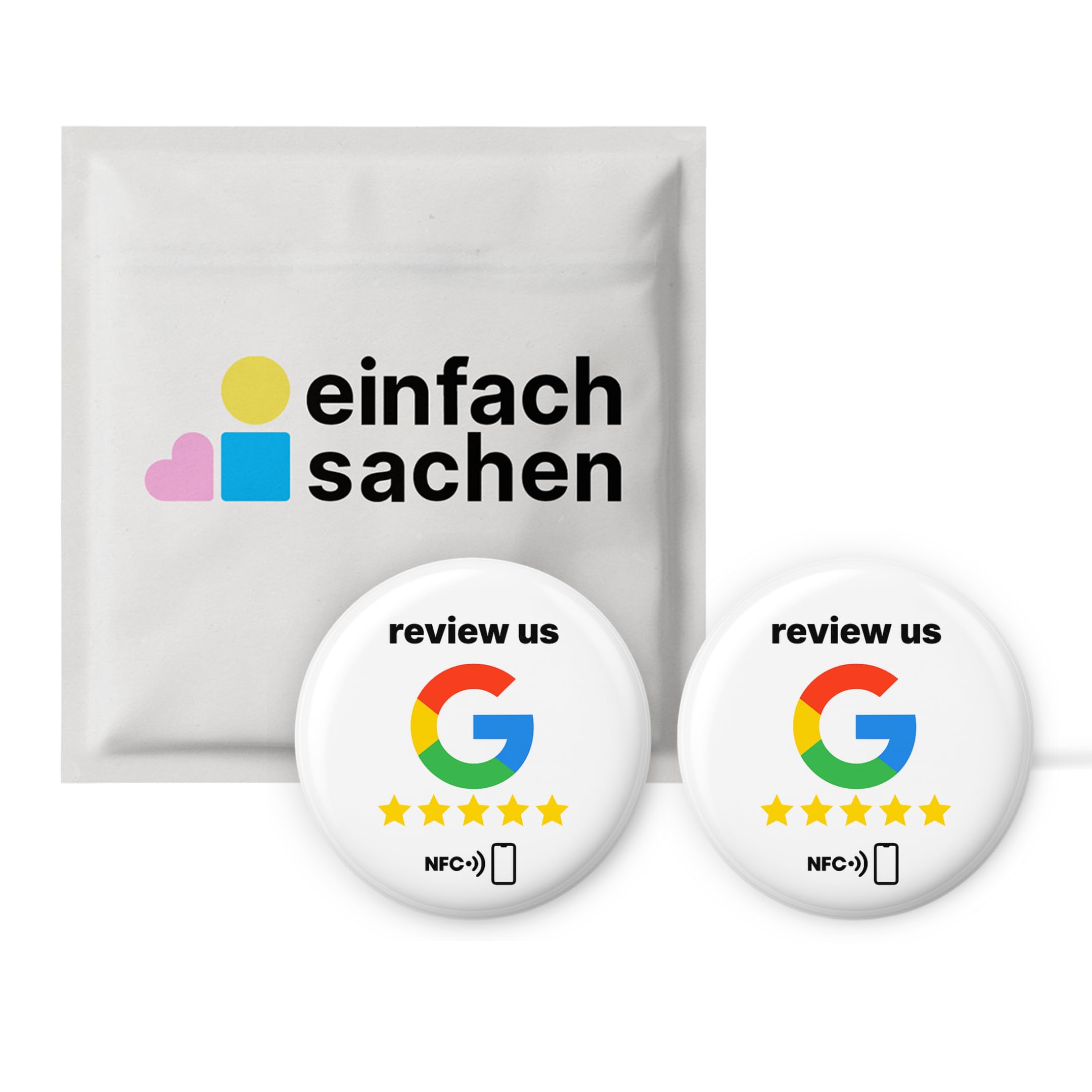Lot de 2 autocollants Google NFC « Review us » sur Google NFC - 3 cm de diamètre - Collect plus de reviews instantanément avec un seul bouton - Auto-programmable et réutilisable - Parfait pour les