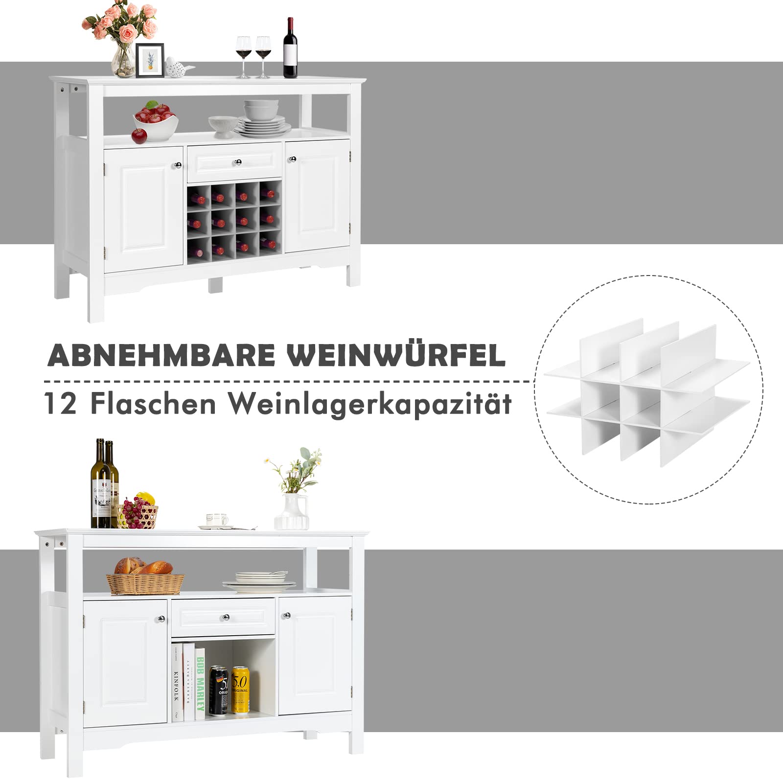 GOPLUS Sideboard mit Weinregal, Küchenschrank mit Offenem Regal, 1 Schublade & 2 Türen, Beistellschrank für Wohnzimmer, Küche & Esszimmer, 117 × 40,5 × 85,5 cm (White)