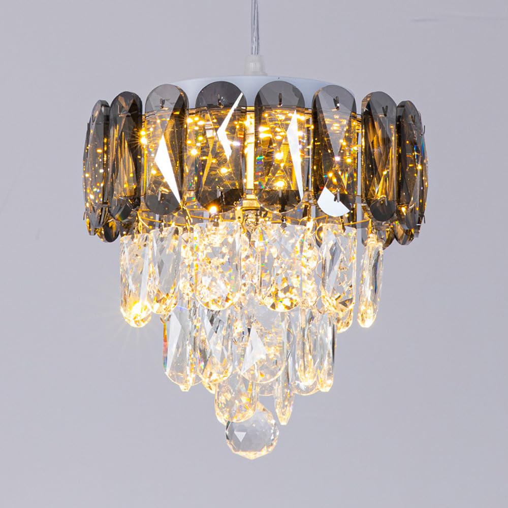 ITOSUI Vintage Industrial Small Crystal Chandelier Flush Mount Ceiling Light for Kitchen, Living Room, and Bathroom - Adjustable Height, Tricolor Dimming LED Fixture(Ashes)