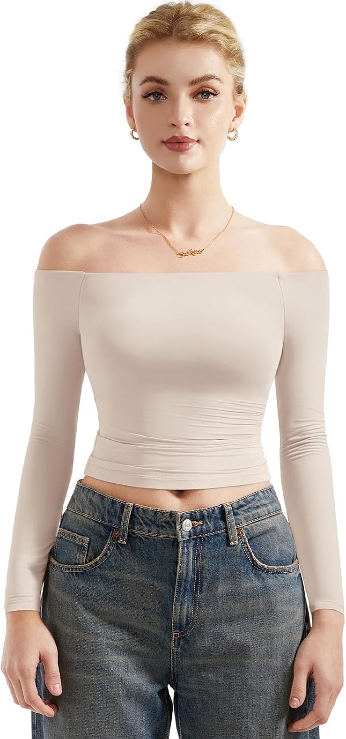 SUUKSESS Women Off Shoulder Double Lined Long Sleeve Shirts Basic Going Out Tops - Image 2